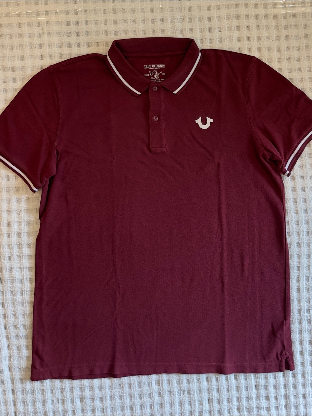 True Religion Maroon Polo with White Trim 32” Tall, 23” wide , 10” Sleeve , 2XL